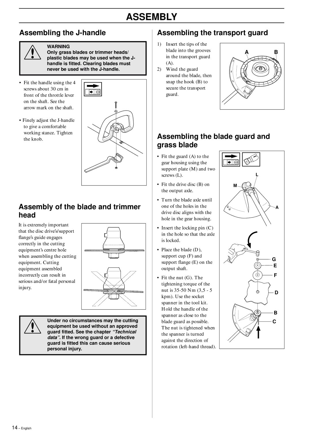 Husqvarna 142 RB, 152RB, 142RB manual Assembly, Assembling the J-handle Assembling the transport guard 