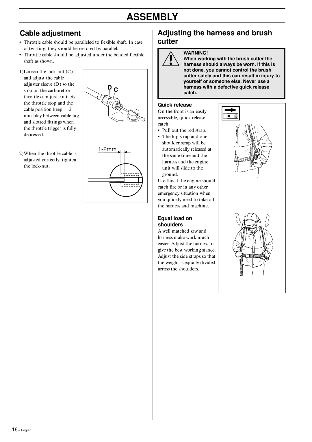 Husqvarna 142 RB, 152RB, 142RB manual Cable adjustment, Adjusting the harness and brush cutter 