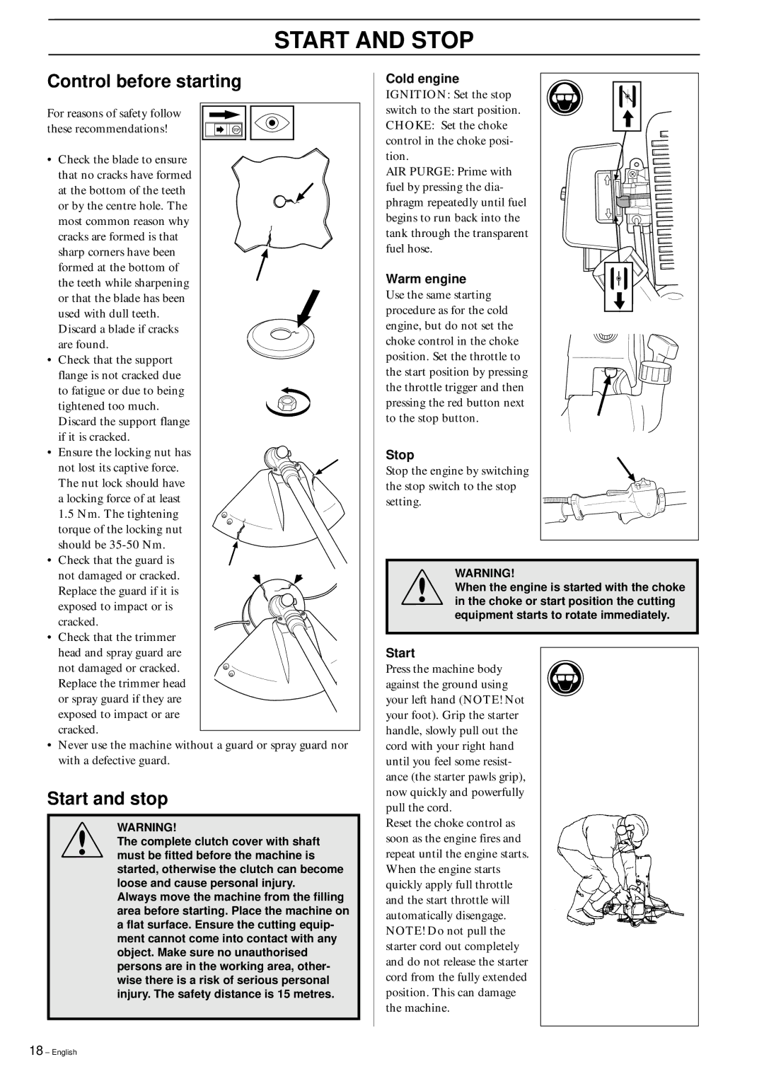 Husqvarna 142 RB, 152RB, 142RB manual Start and Stop, Control before starting, Start and stop 