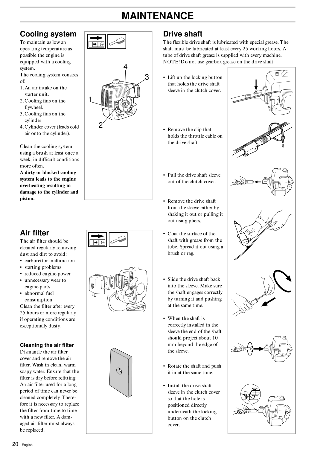 Husqvarna 142 RB, 152RB, 142RB manual Cooling system, Drive shaft, Air filter 