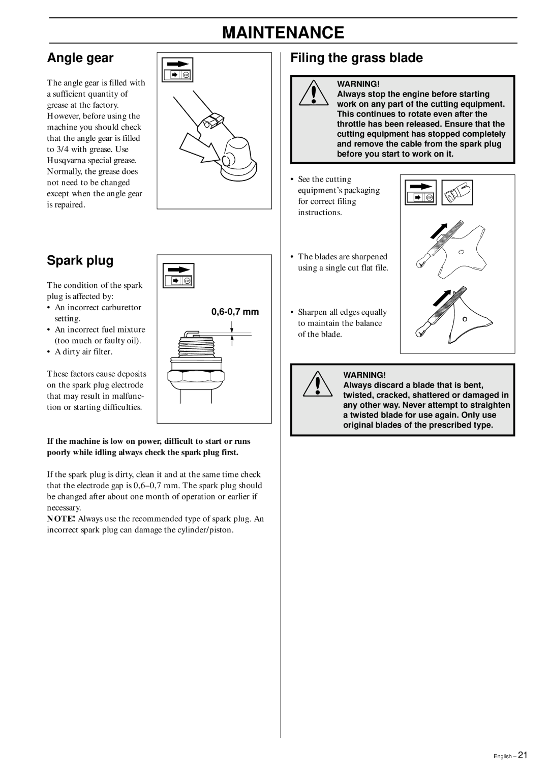 Husqvarna 142RB, 142 RB, 152RB manual Angle gear, Filing the grass blade, Spark plug, 0,7 mm 