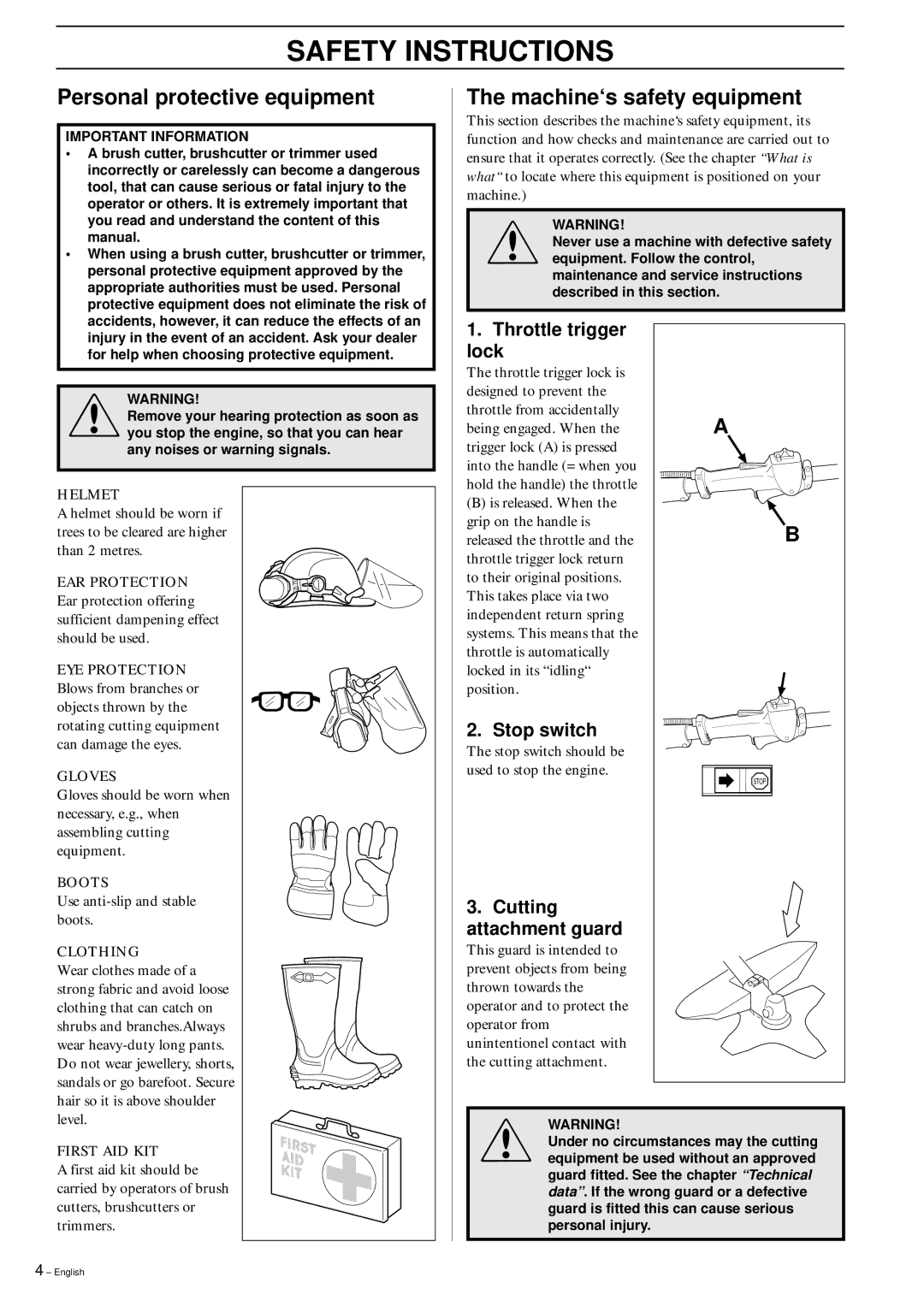 Husqvarna 142 RB, 152RB, 142RB manual Safety Instructions, Personal protective equipment, Machine‘s safety equipment 