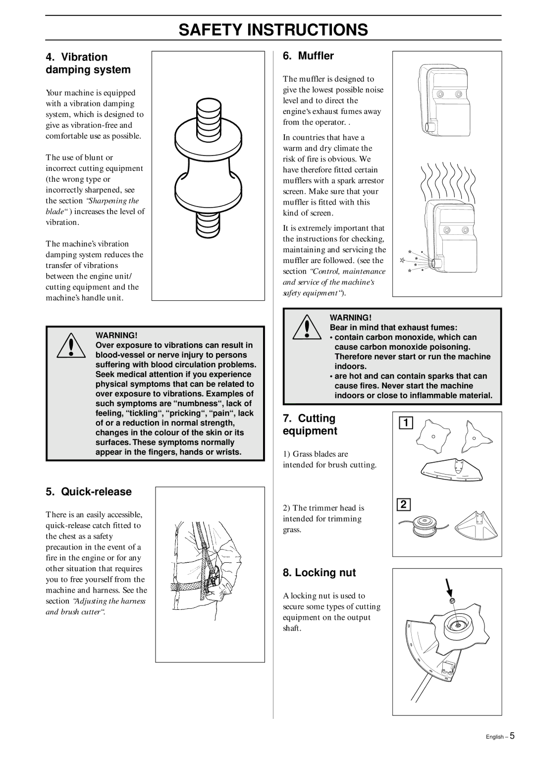 Husqvarna 142RB, 142 RB, 152RB manual Vibration damping system, Quick-release, Muffler, Cutting1 Equipment, Locking nut 