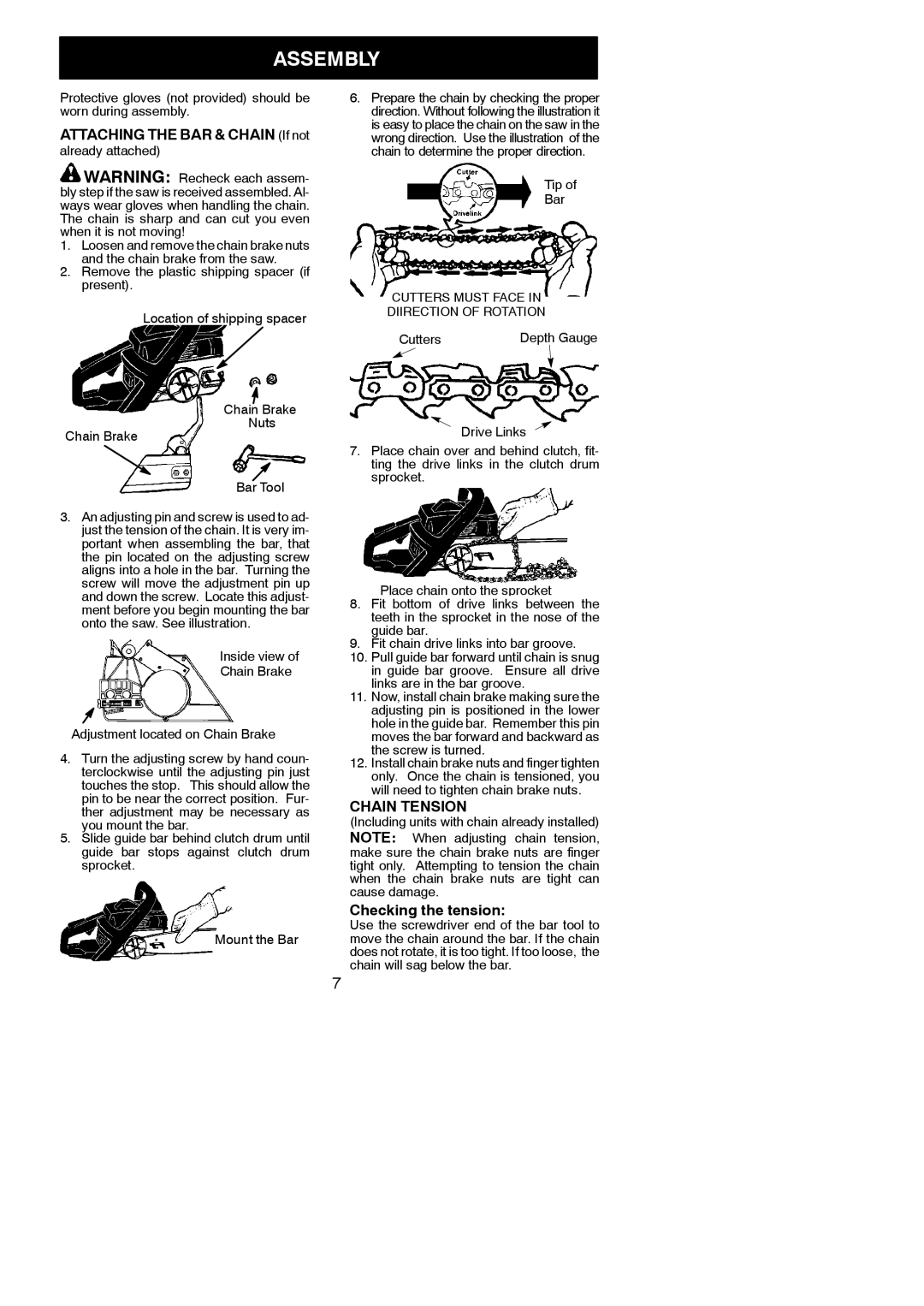 Husqvarna 142 instruction manual Assembly, Attaching the BAR & Chain If not, Chain Tension, Checking the tension 