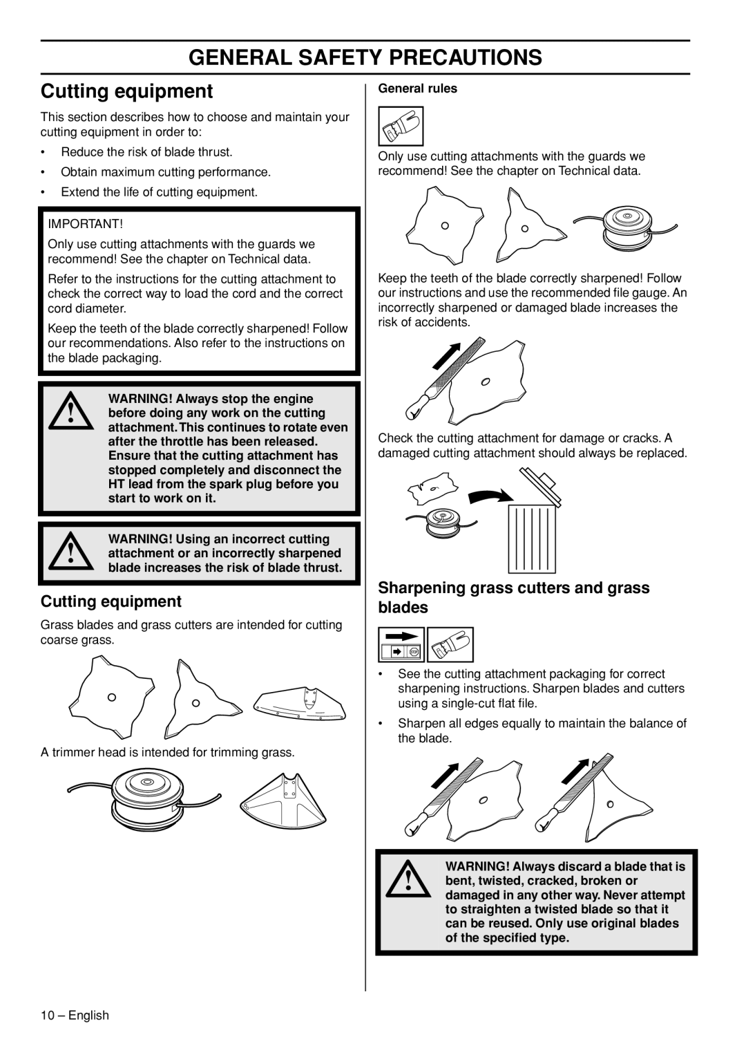 Husqvarna 143R-II manual Cutting equipment, Sharpening grass cutters and grass blades, WARNING! Always stop the engine 