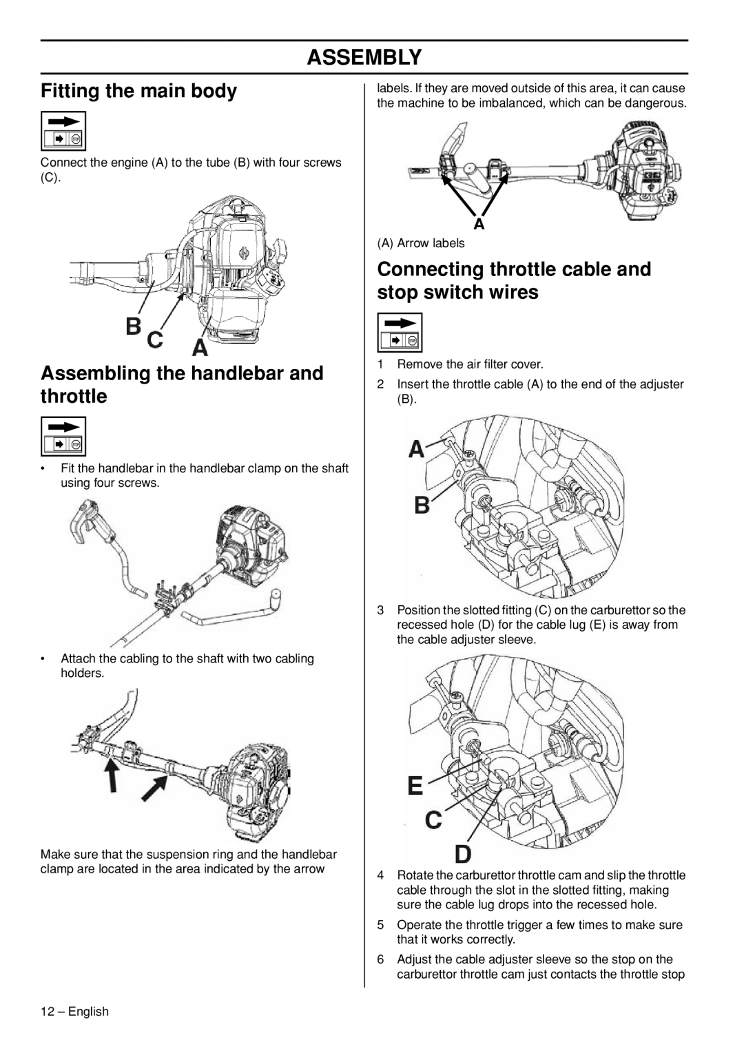 Husqvarna 143R-II manual Assembly, Fitting the main body, Assembling the handlebar and throttle 