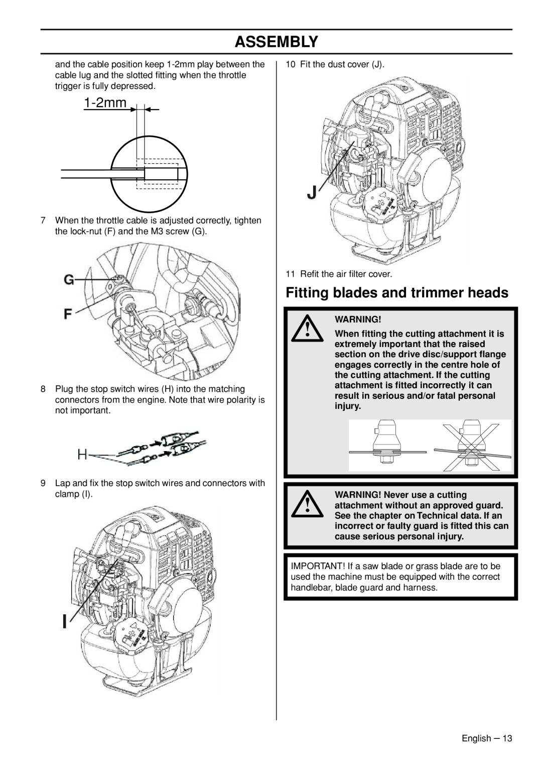 Husqvarna 143R-II manual Fitting blades and trimmer heads, Assembly, 1-2mm, WARNING! Never use a cutting 
