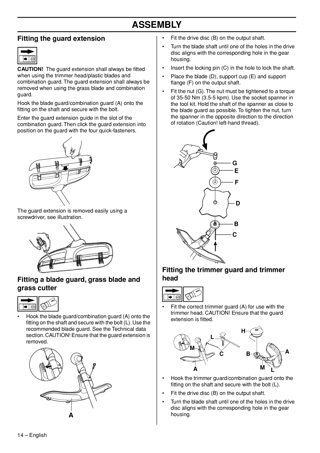 Husqvarna 143R-II manual Fitting the guard extension, Fitting the trimmer guard and trimmer head, Assembly, G E F D B C 