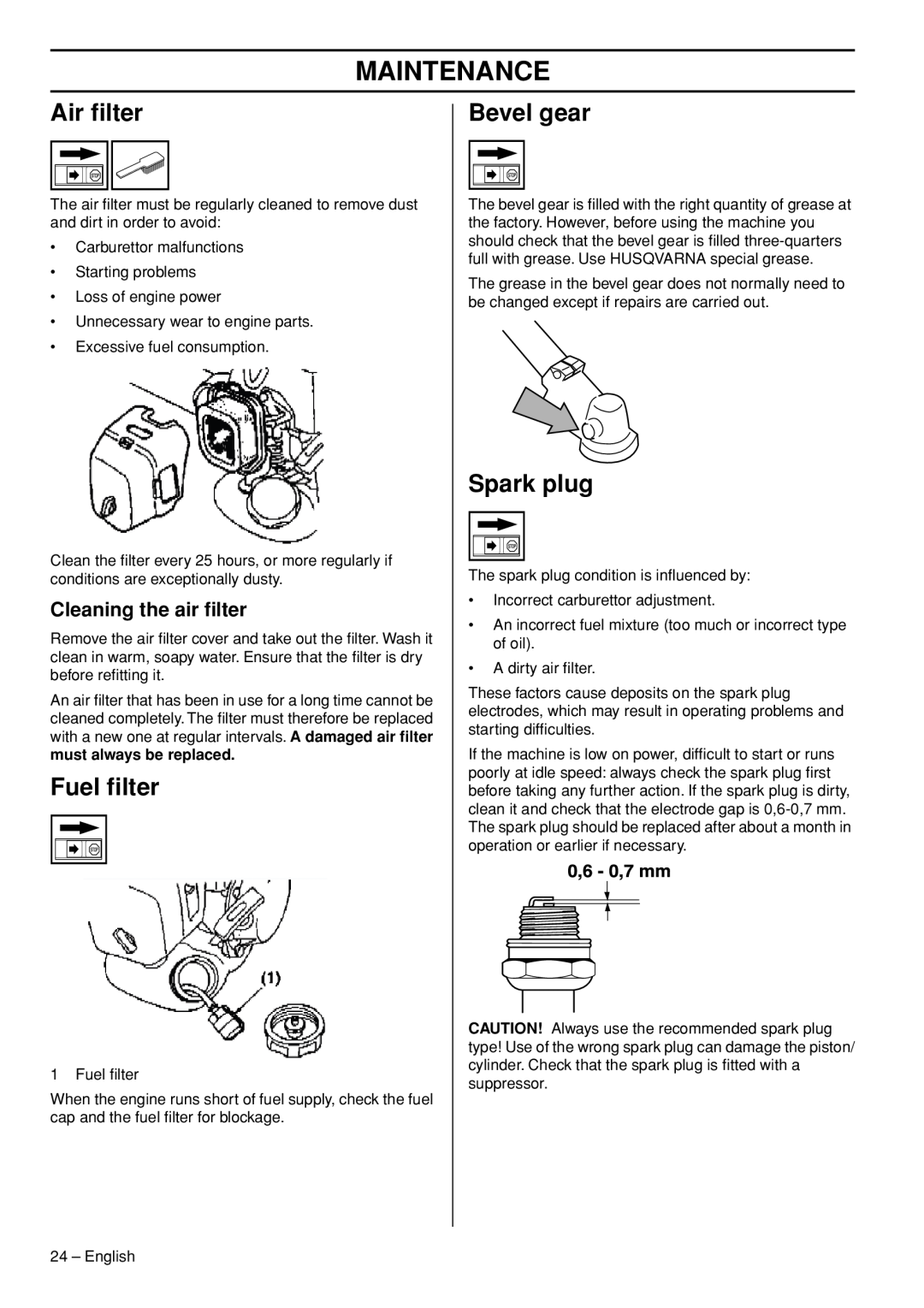 Husqvarna 143R-II manual Air ﬁlter, Fuel ﬁlter, Bevel gear, Spark plug, Cleaning the air ﬁlter, must always be replaced 