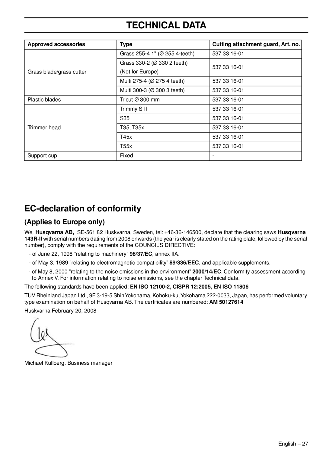 Husqvarna 143R-II manual EC-declarationof conformity, Applies to Europe only, Approved accessories, Type, Technical Data 