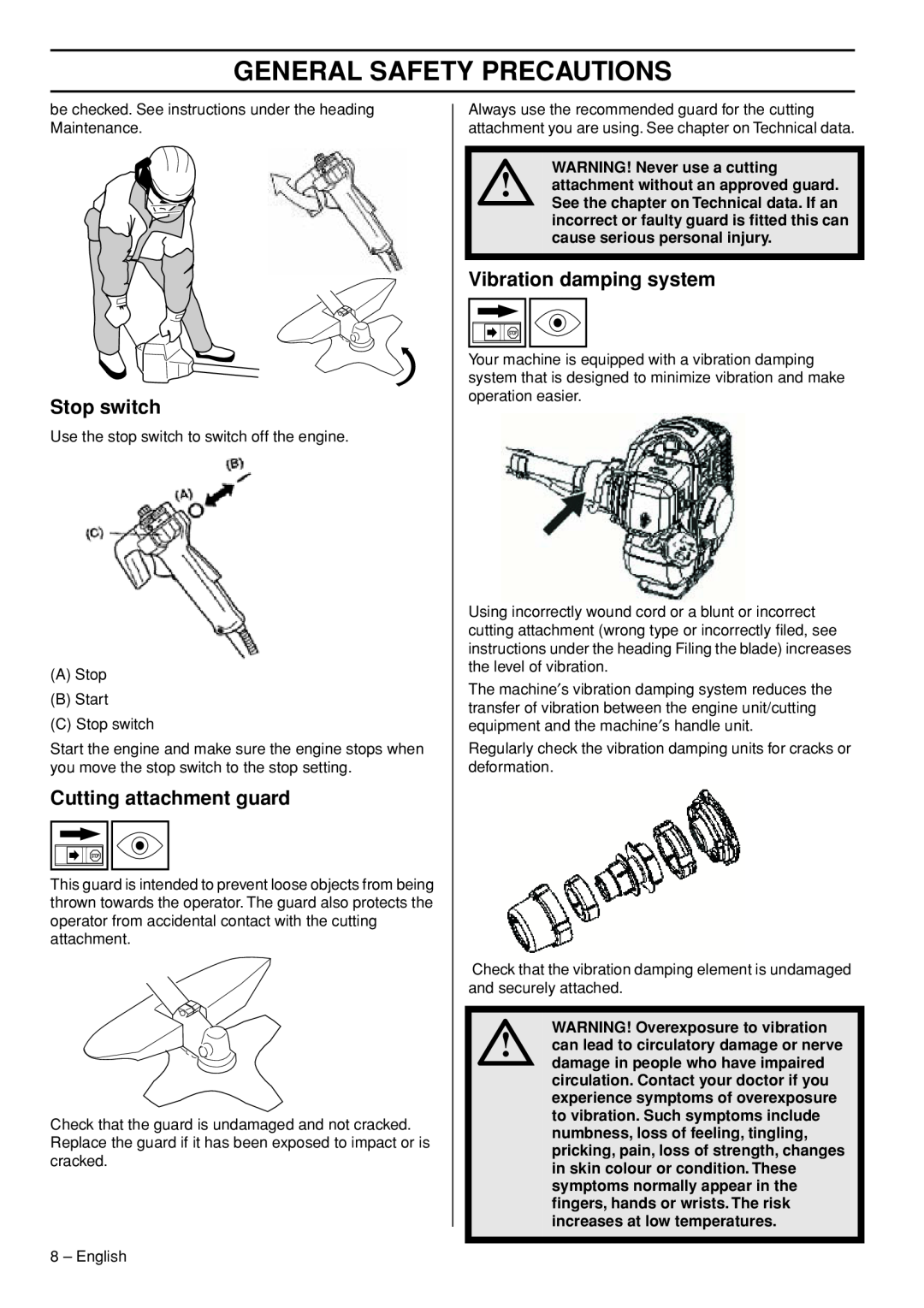 Husqvarna 143R-II manual Stop switch, Cutting attachment guard, Vibration damping system, WARNING! Never use a cutting 