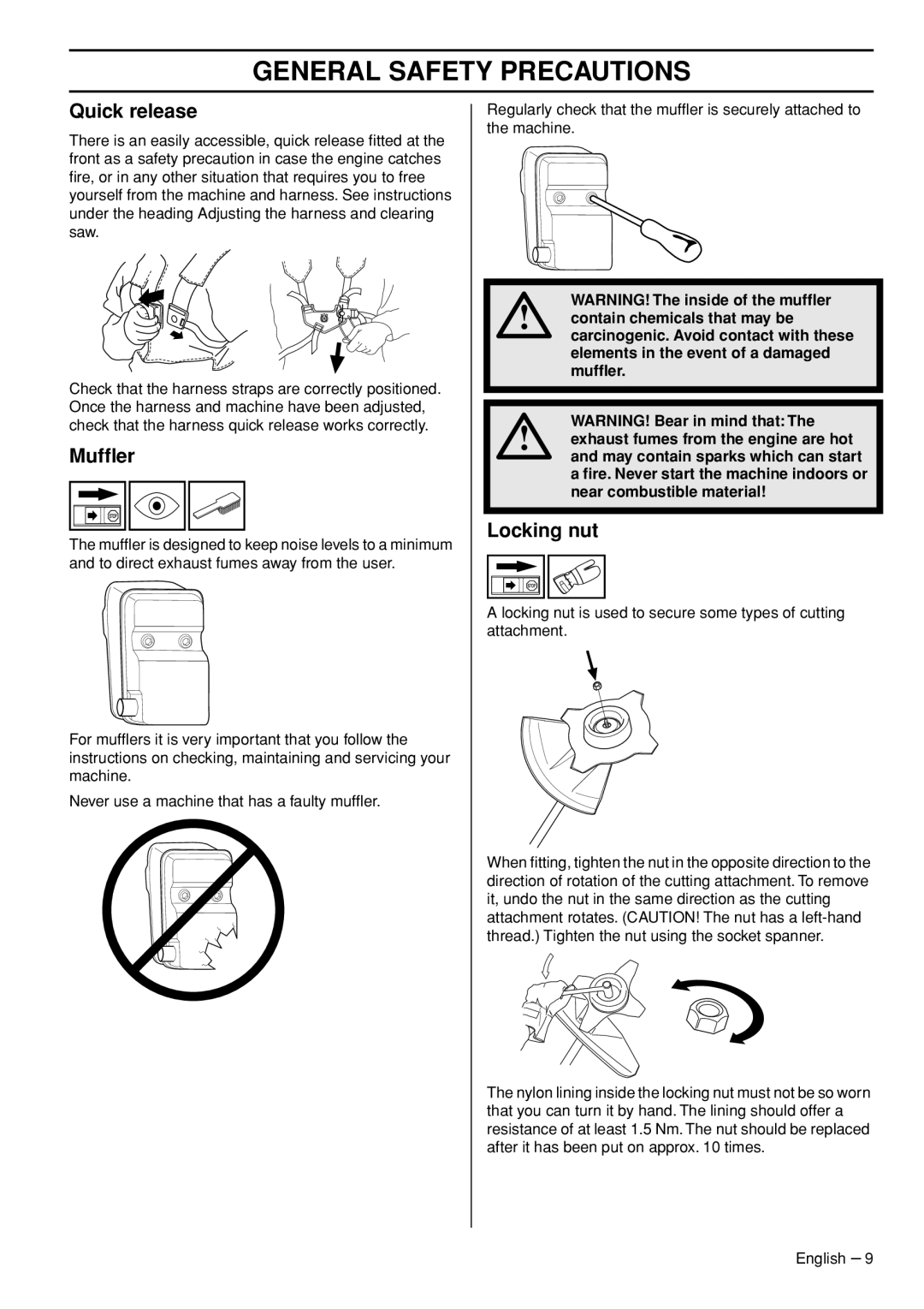 Husqvarna 143R-II Quick release, Mufﬂer, Locking nut, WARNING! The inside of the mufﬂer, WARNING! Bear in mind that The 