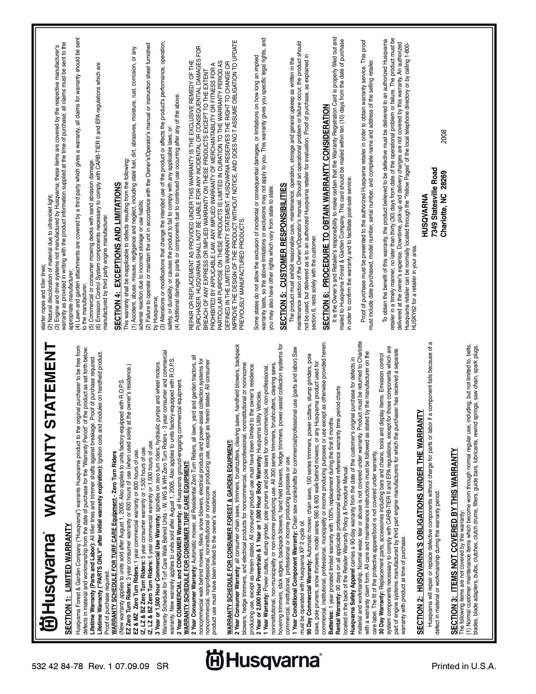 Husqvarna 14527SB-LS Warranty Statement, 2008, Charlotte, NC, WARRANTY SCHEDULE FOR TURF CARE Equipment - Zero Turn Riders 