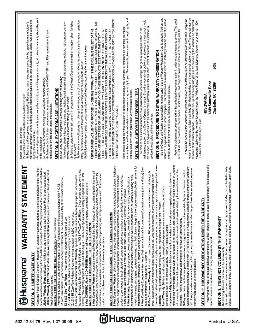 Husqvarna 14527SB-LS manual Warranty Statement 