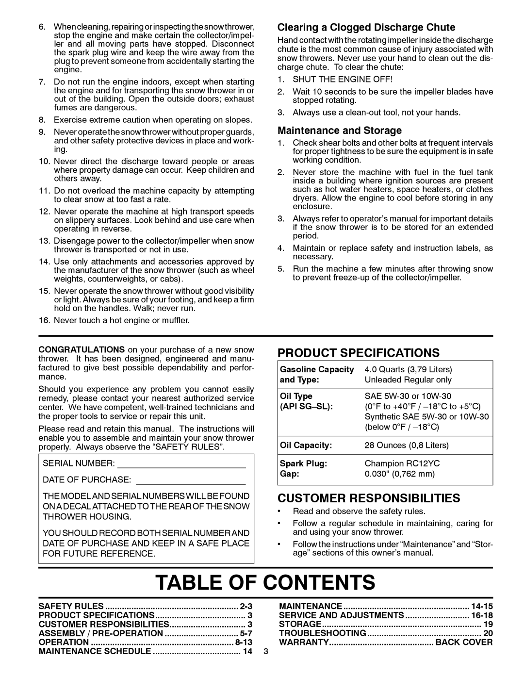 Husqvarna 14527SB-LS manual Table of Contents 