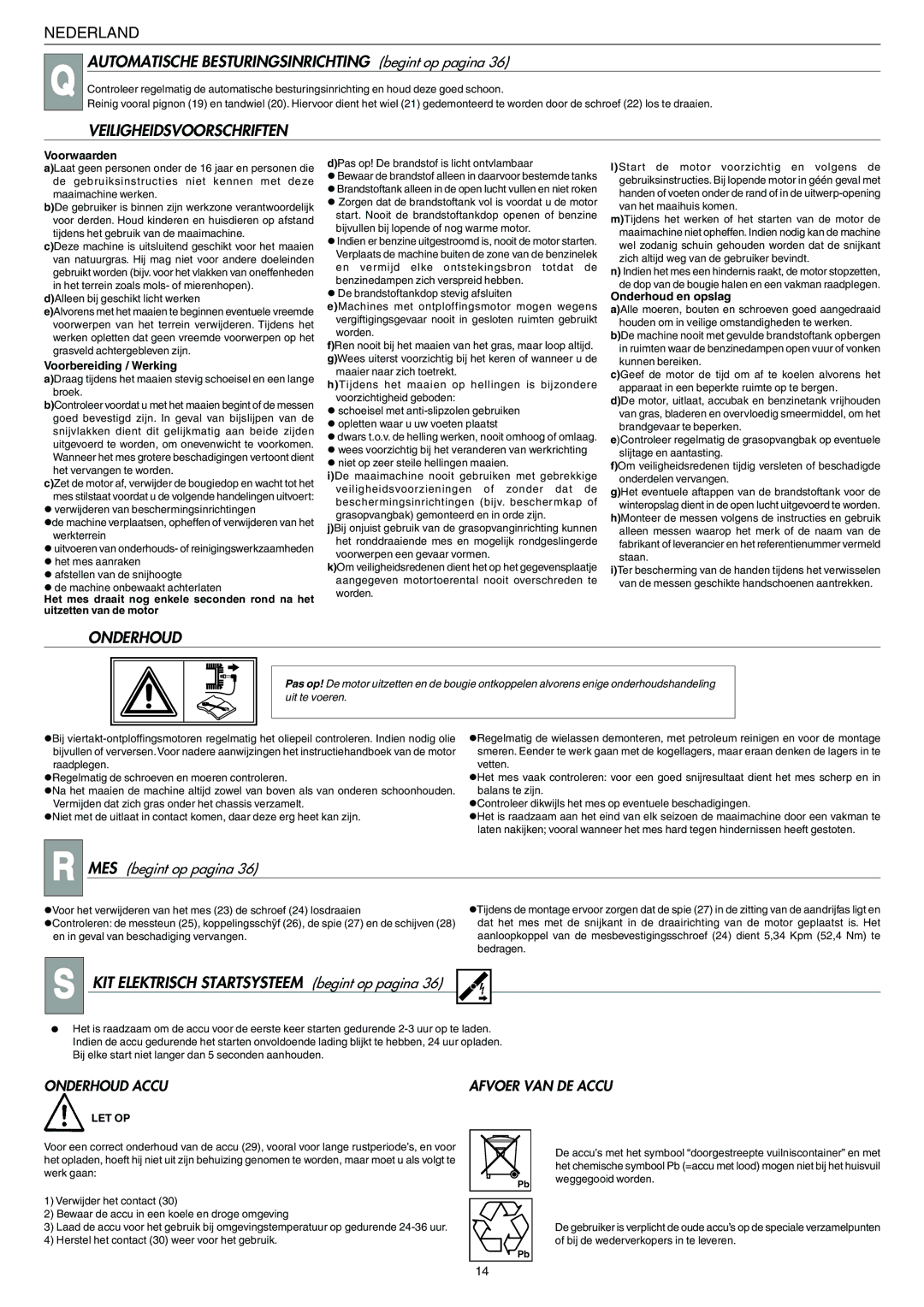 Husqvarna 146 SE manual Automatische Besturingsinrichting begint op pagina, Veiligheidsvoorschriften, Onderhoud Accu 