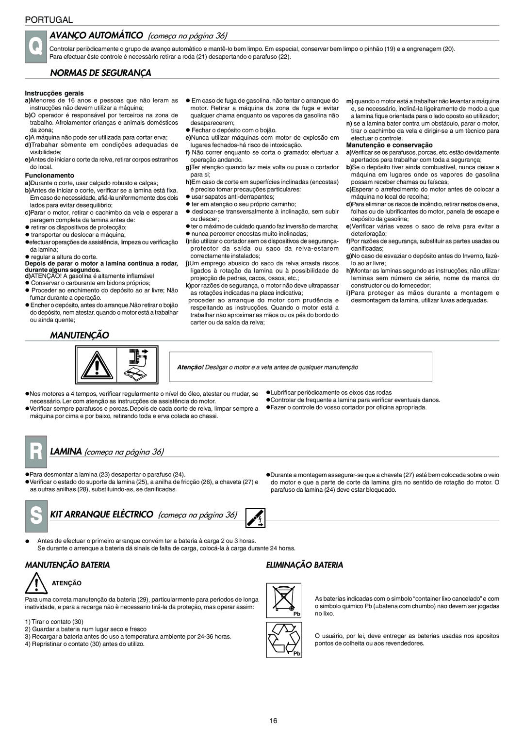 Husqvarna 146 SE manual Normas DE Segurança, KIT Arranque Eléctrico começa na página, Manutenção Bateria 