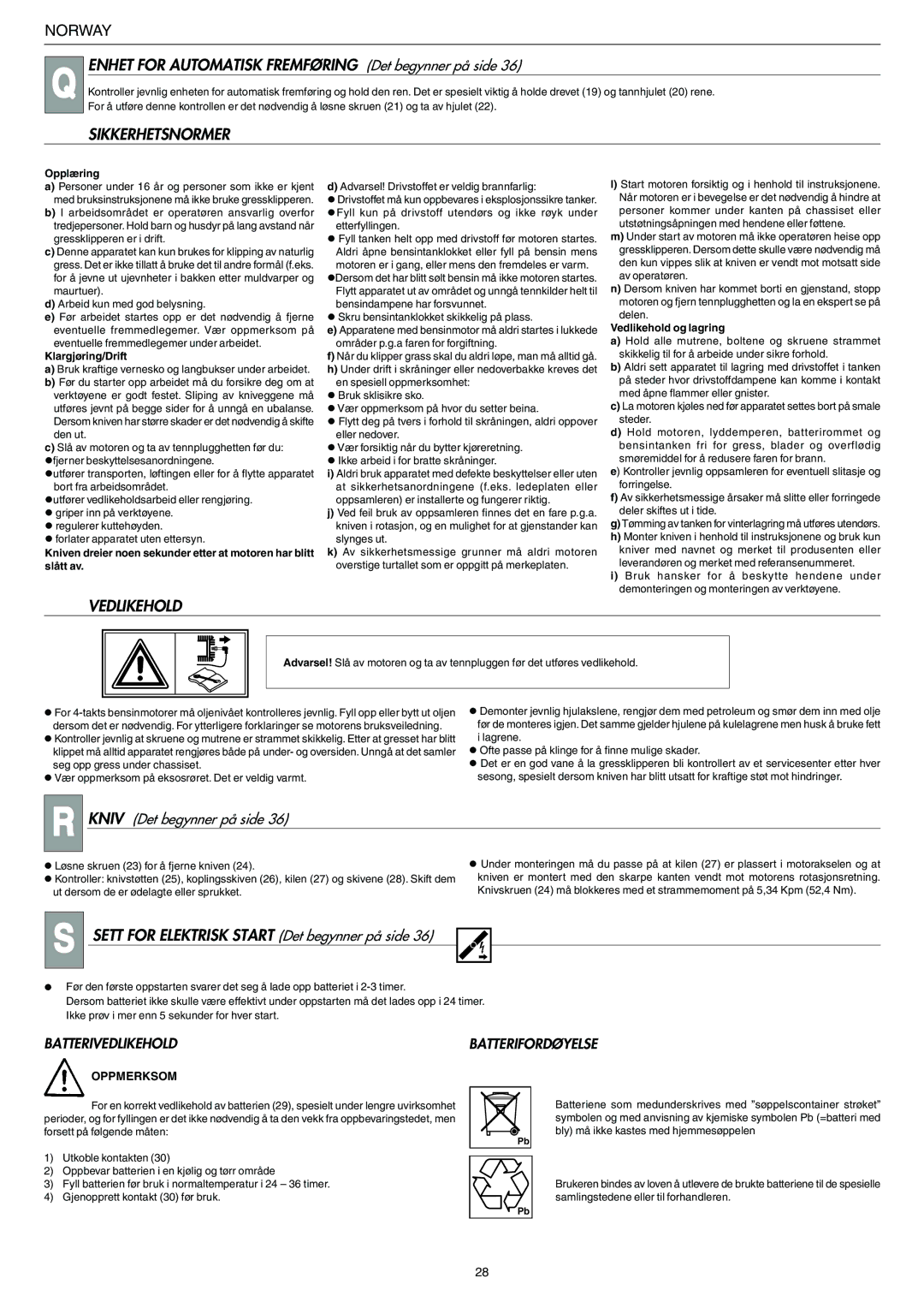 Husqvarna 146 SE manual Enhet for Automatisk Fremføring Det begynner på side, Sikkerhetsnormer, Vedlikehold 