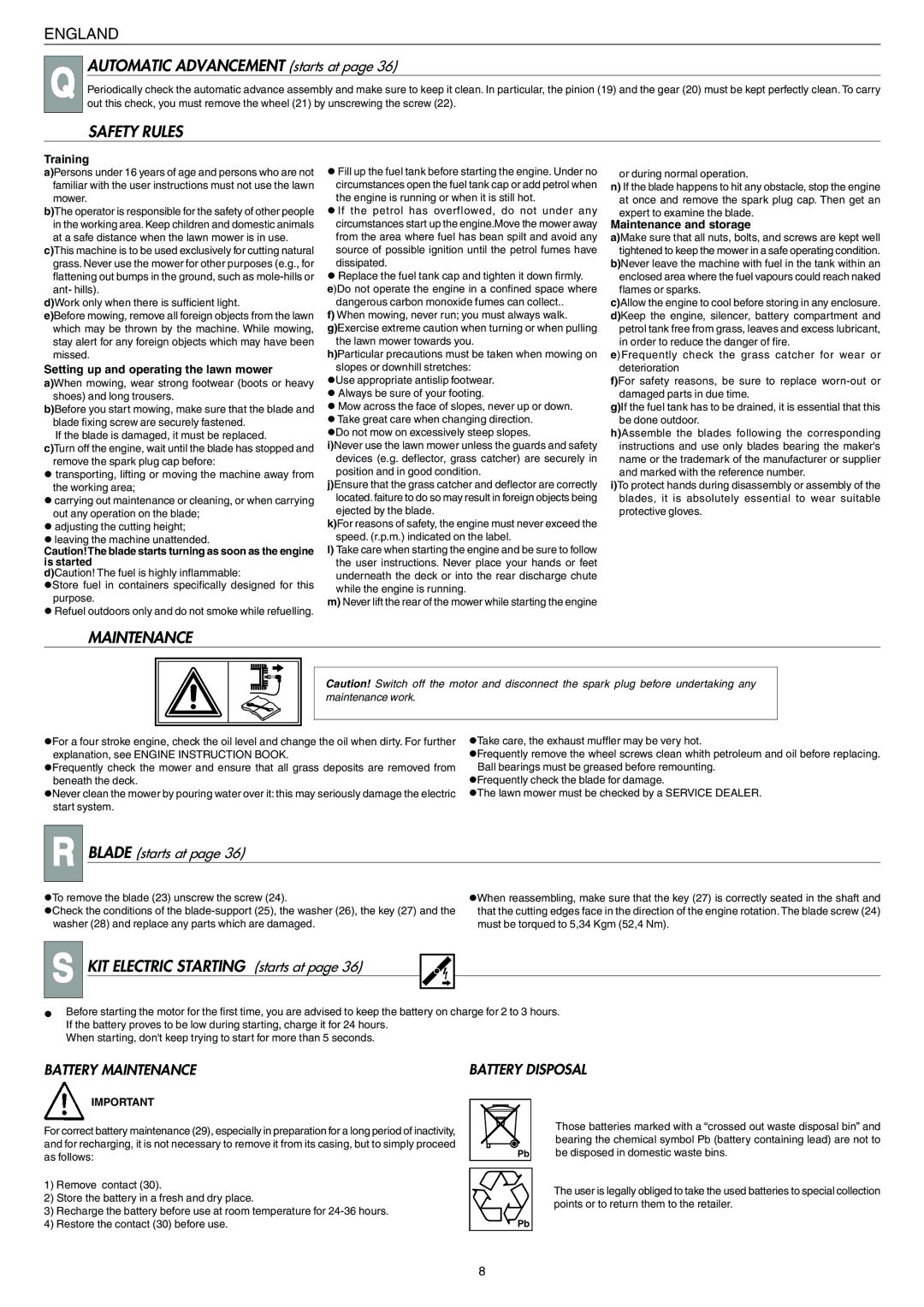 Husqvarna 146 SE manual Automatic Advancement starts at, Safety Rules, KIT Electric Starting starts at, Blade starts at 