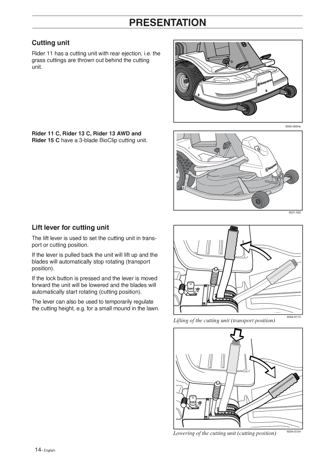 Husqvarna 15 C, 13 AWD manual Cutting unit, Lift lever for cutting unit 