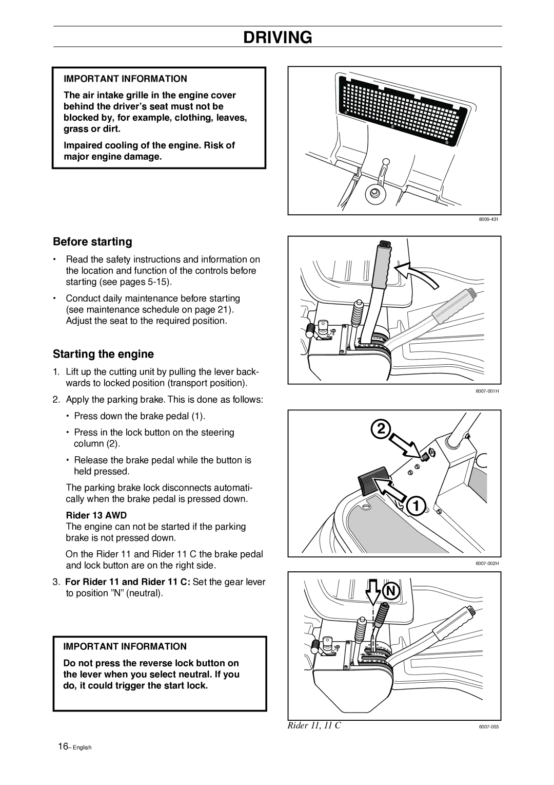 Husqvarna 15 C manual Driving, Before starting, Starting the engine, Rider 13 AWD 