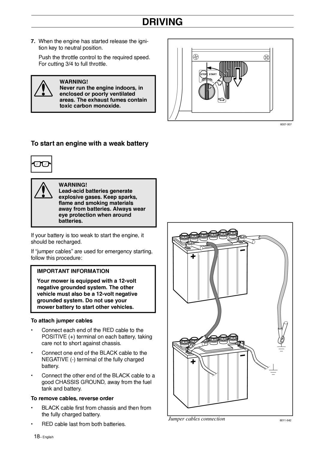 Husqvarna 15 C, 13 AWD manual To start an engine with a weak battery, To remove cables, reverse order 