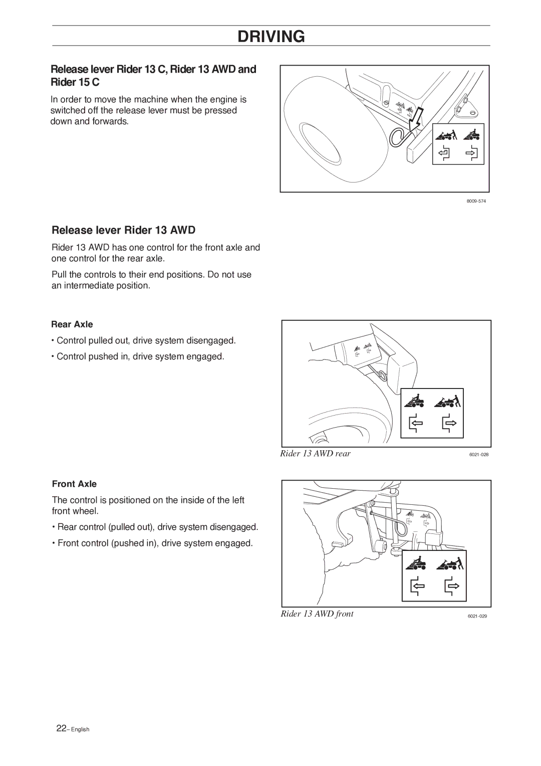 Husqvarna manual Release lever Rider 13 C, Rider 13 AWD Rider 15 C, Release lever Rider 13 AWD, Rear Axle, Front Axle 