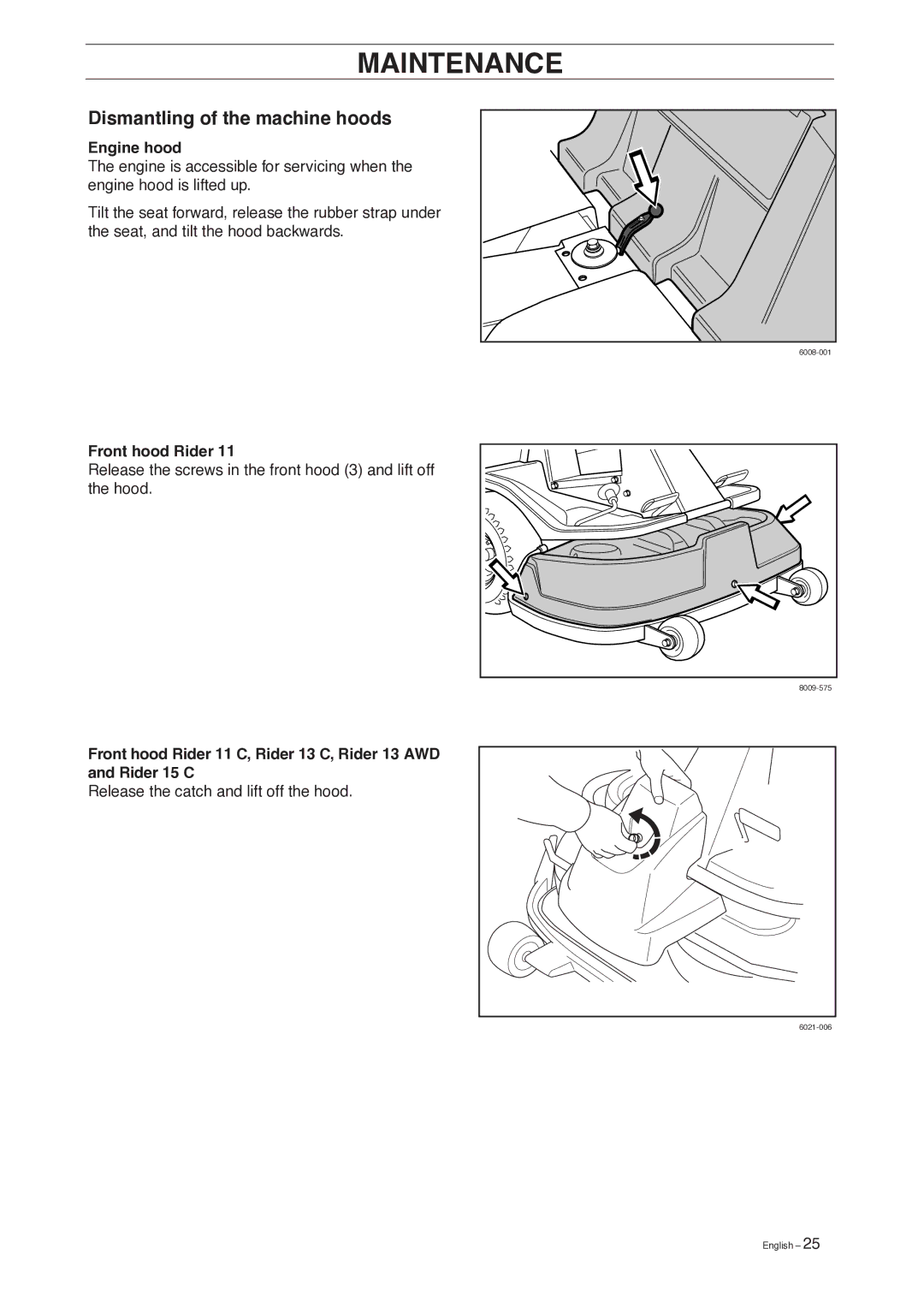 Husqvarna 13 AWD, 15 C manual Dismantling of the machine hoods, Engine hood, Front hood Rider 