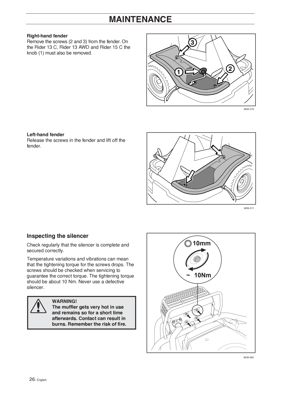 Husqvarna 15 C, 13 AWD manual Inspecting the silencer, Right-hand fender, Left-hand fender 