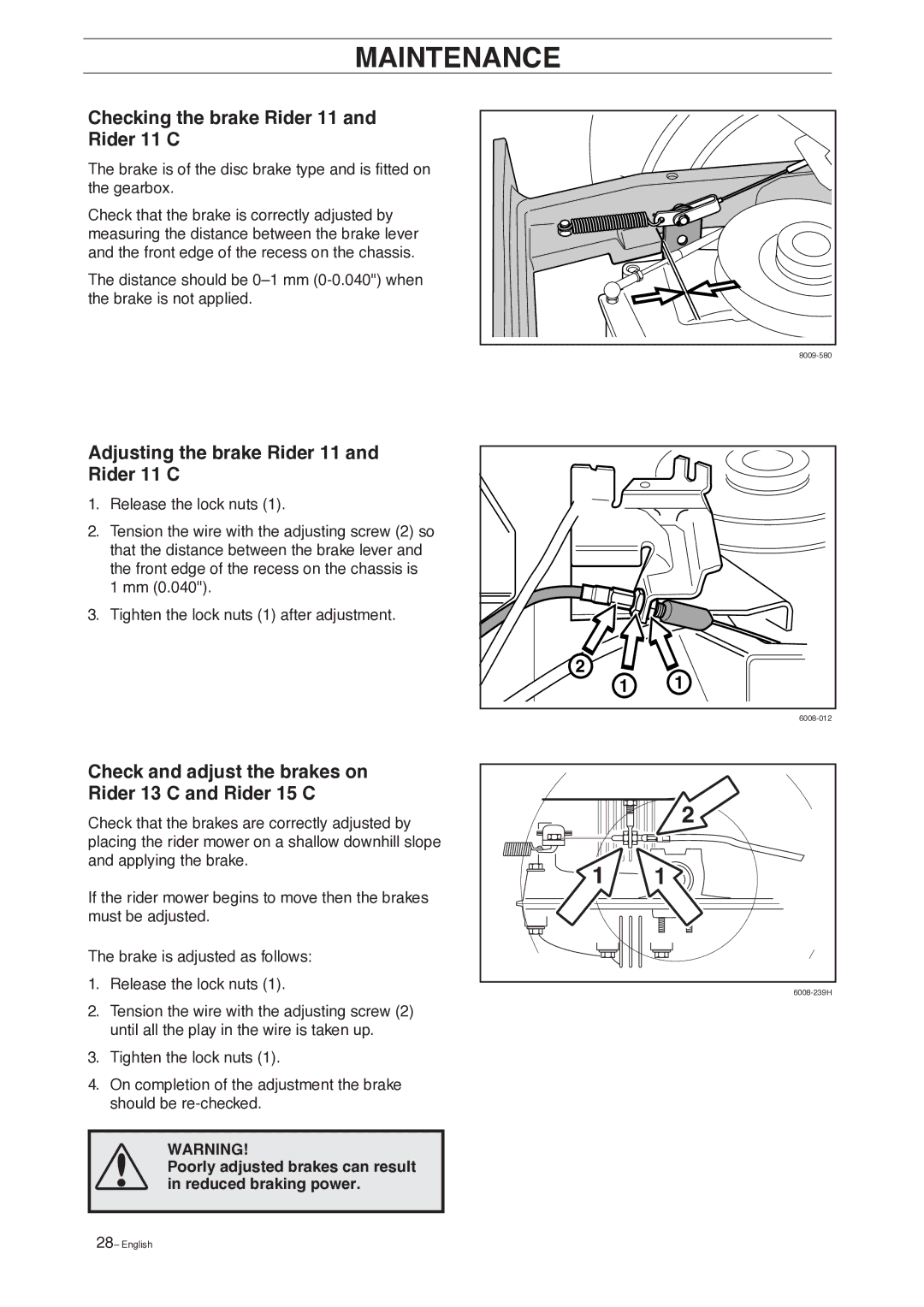 Husqvarna 15 C, 13 AWD manual Checking the brake Rider 11 and Rider 11 C, Adjusting the brake Rider 11 and Rider 11 C 