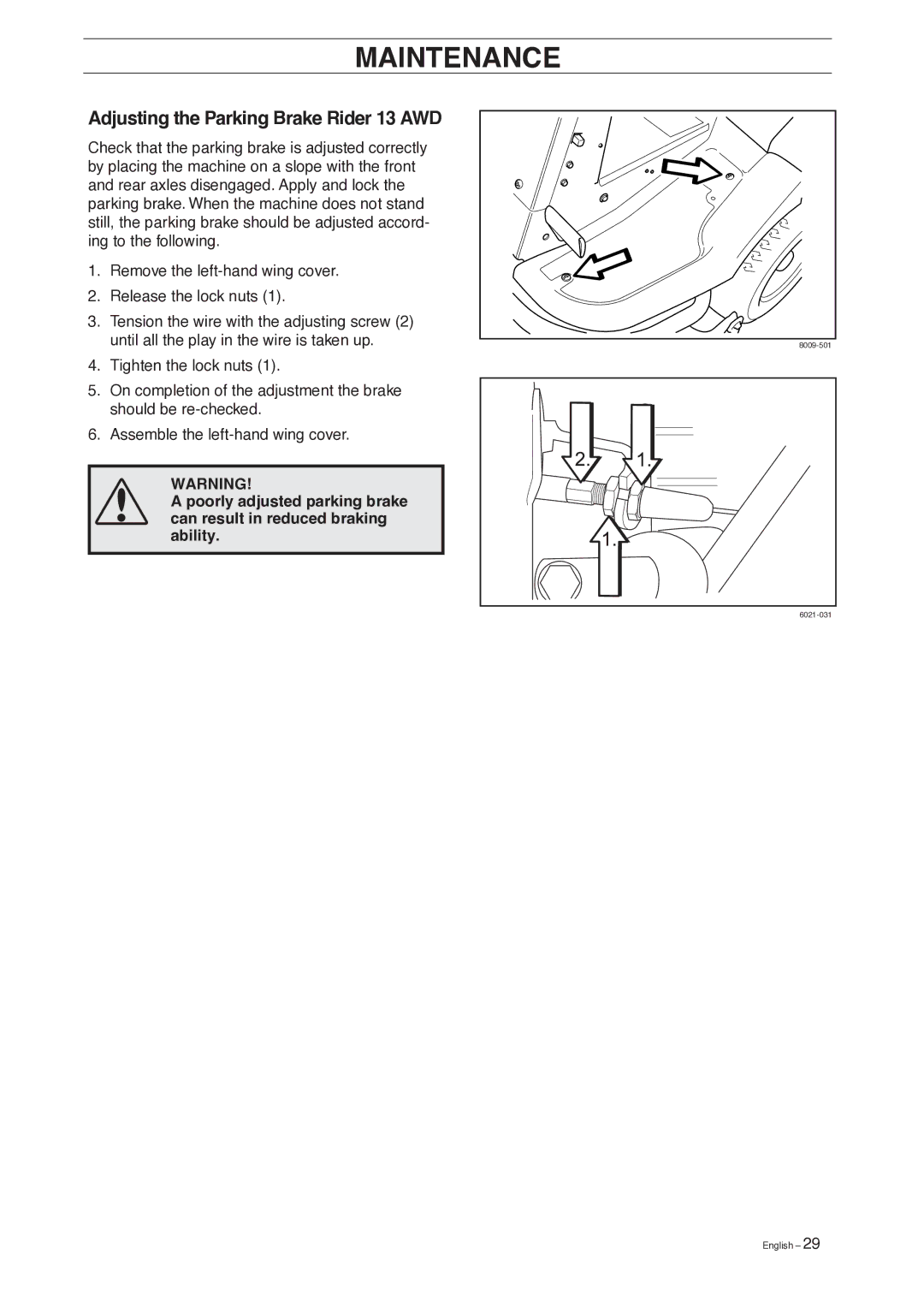 Husqvarna 15 C manual Adjusting the Parking Brake Rider 13 AWD 