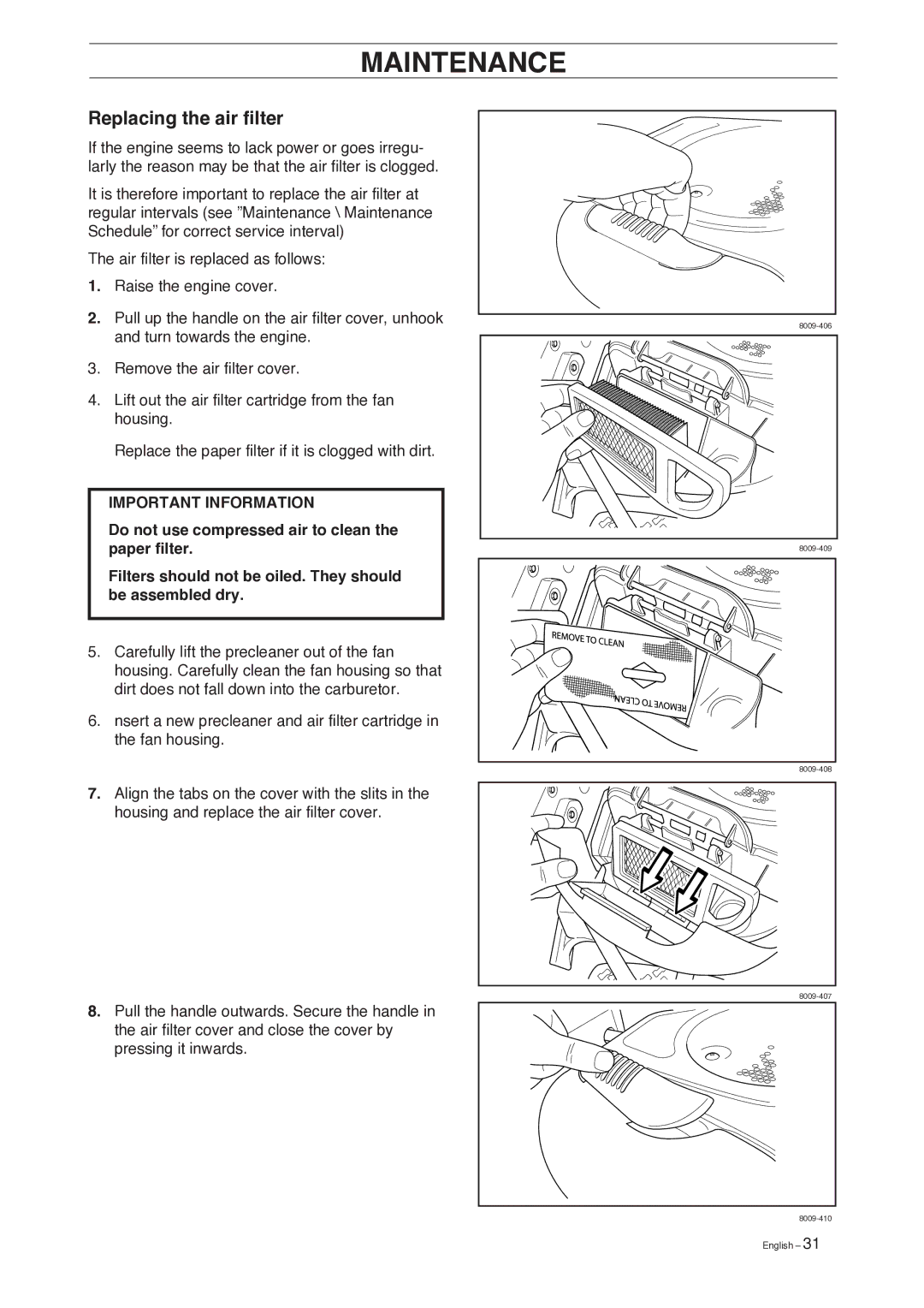 Husqvarna 13 AWD, 15 C manual Replacing the air filter 