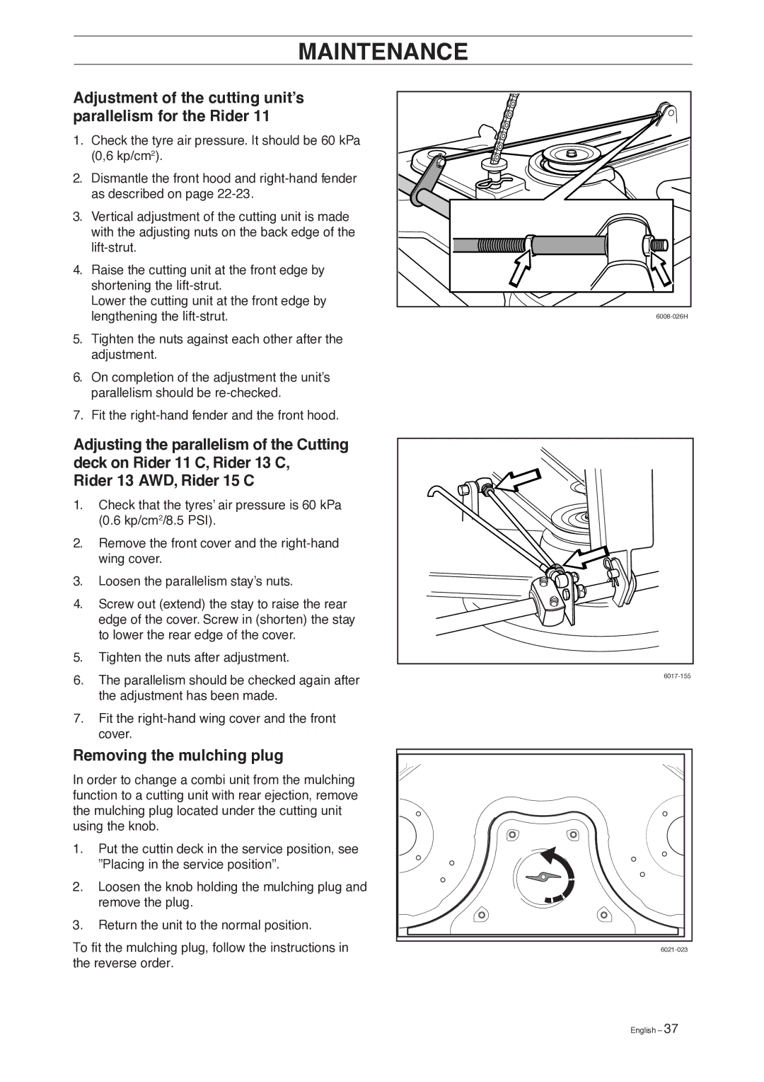 Husqvarna 13 AWD, 15 C manual Adjustment of the cutting unit’s parallelism for the Rider, Removing the mulching plug 