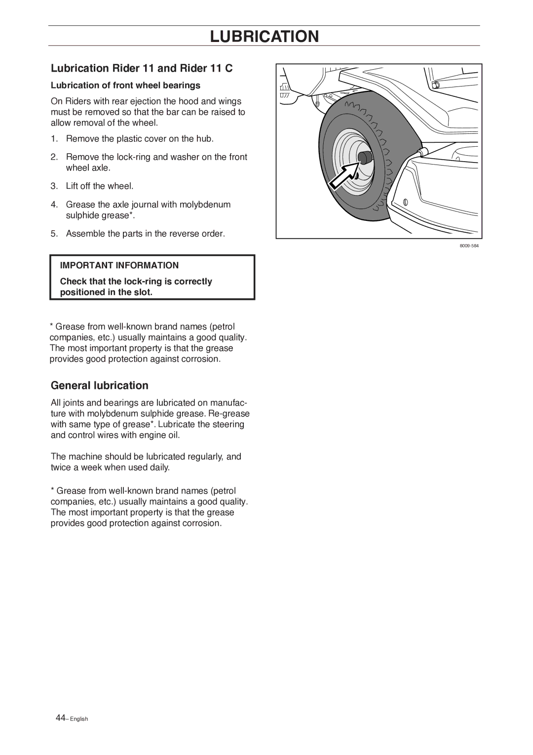 Husqvarna 15 C, 13 AWD manual Lubrication Rider 11 and Rider 11 C, General lubrication, Lubrication of front wheel bearings 