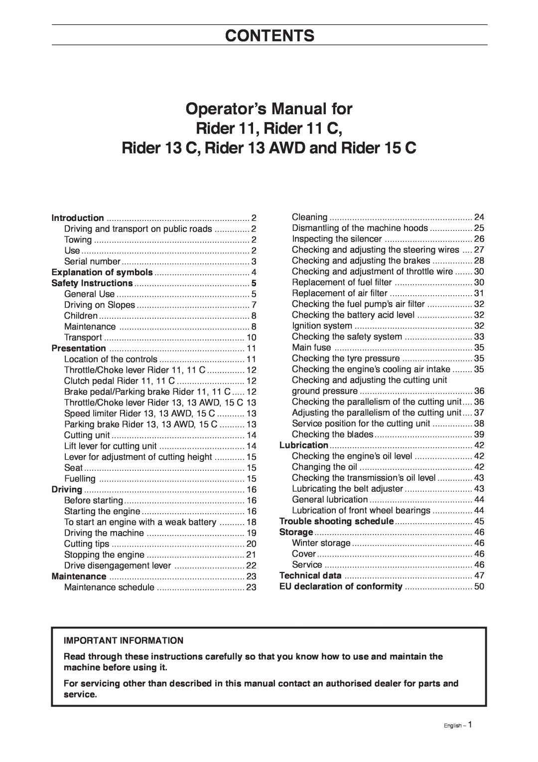 Husqvarna manual CONTENTS Operator’s Manual for Rider 11, Rider 11 C, Rider 13 C, Rider 13 AWD and Rider 15 C 