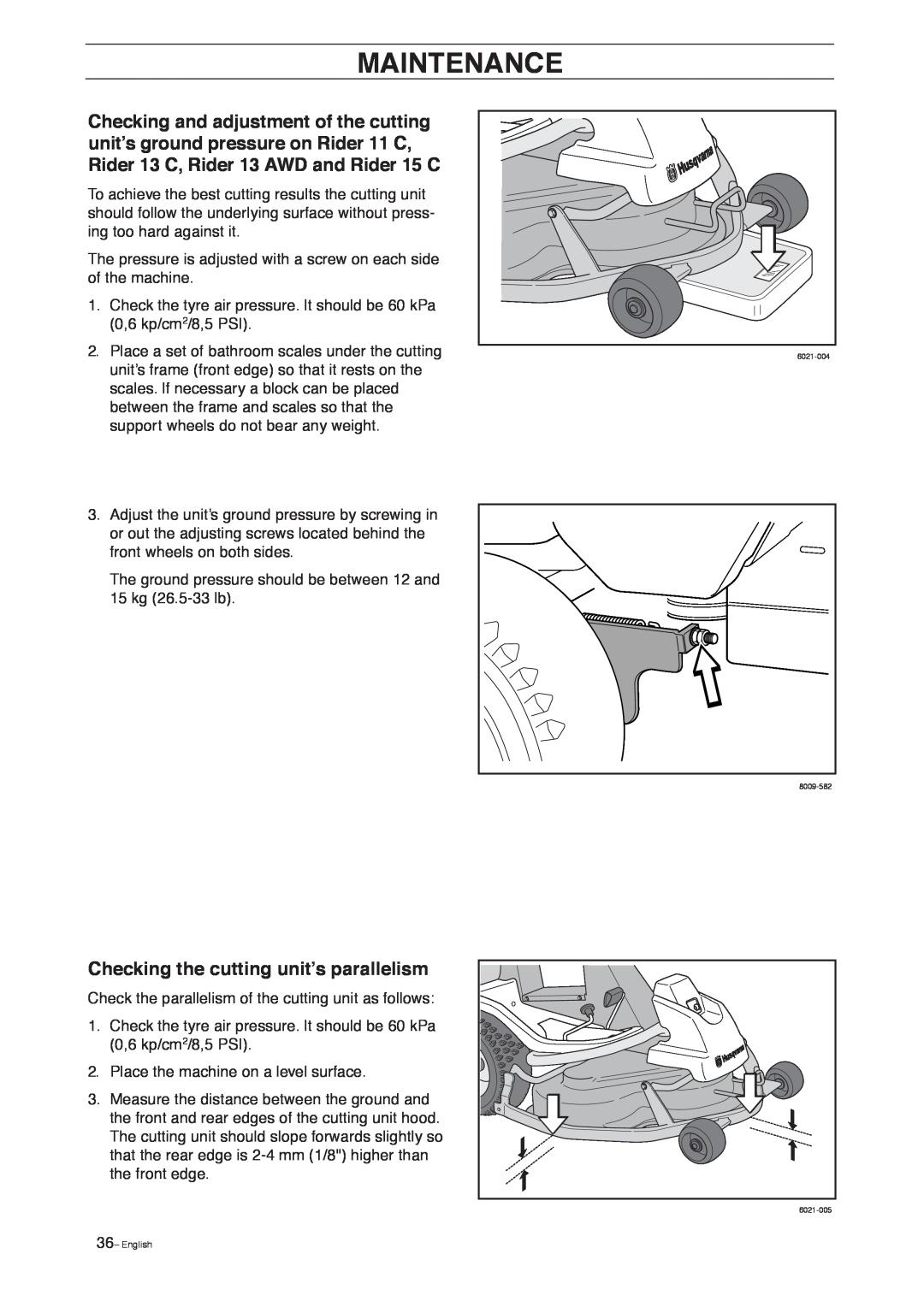 Husqvarna 15 C, 13 AWD manual Checking the cutting unit’s parallelism, Maintenance, English 