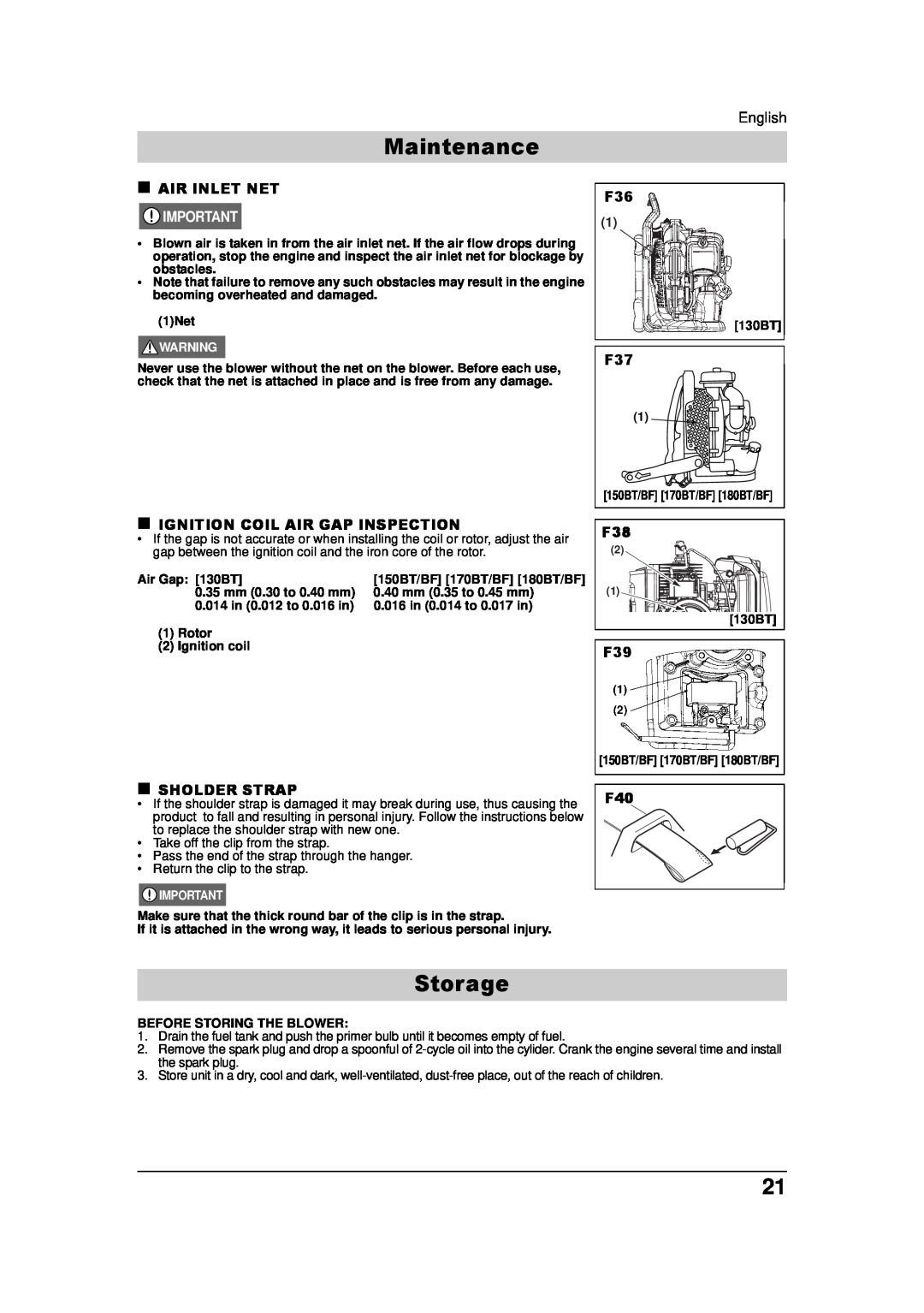 Husqvarna 150BF, 115 09 83-95 Storage, Maintenance, „ Air Inlet Net, „ Ignition Coil Air Gap Inspection, „ Sholder Strap 