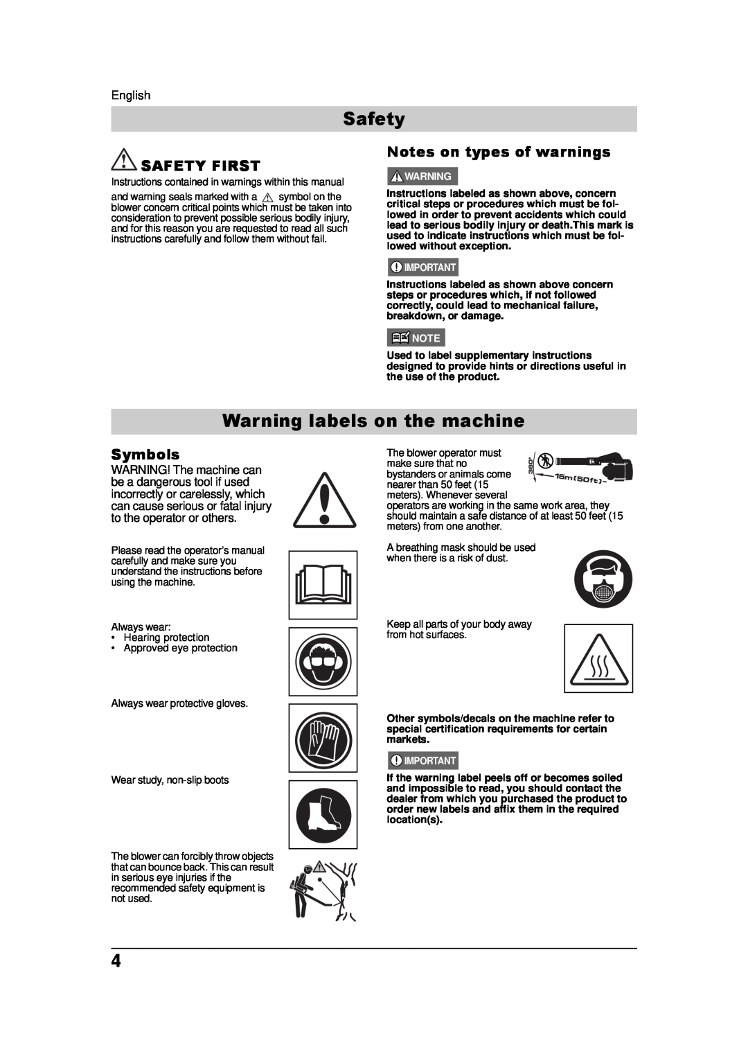 Husqvarna 115 09 83-95, 150BF, 180BF Warning labels on the machine, Safety First, Notes on types of warnings, Symbols 