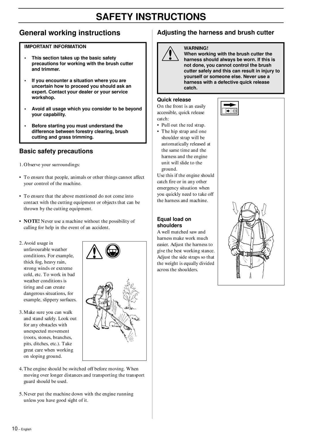 Husqvarna 152RB manual General working instructions, Basic safety precautions, Adjusting the harness and brush cutter 