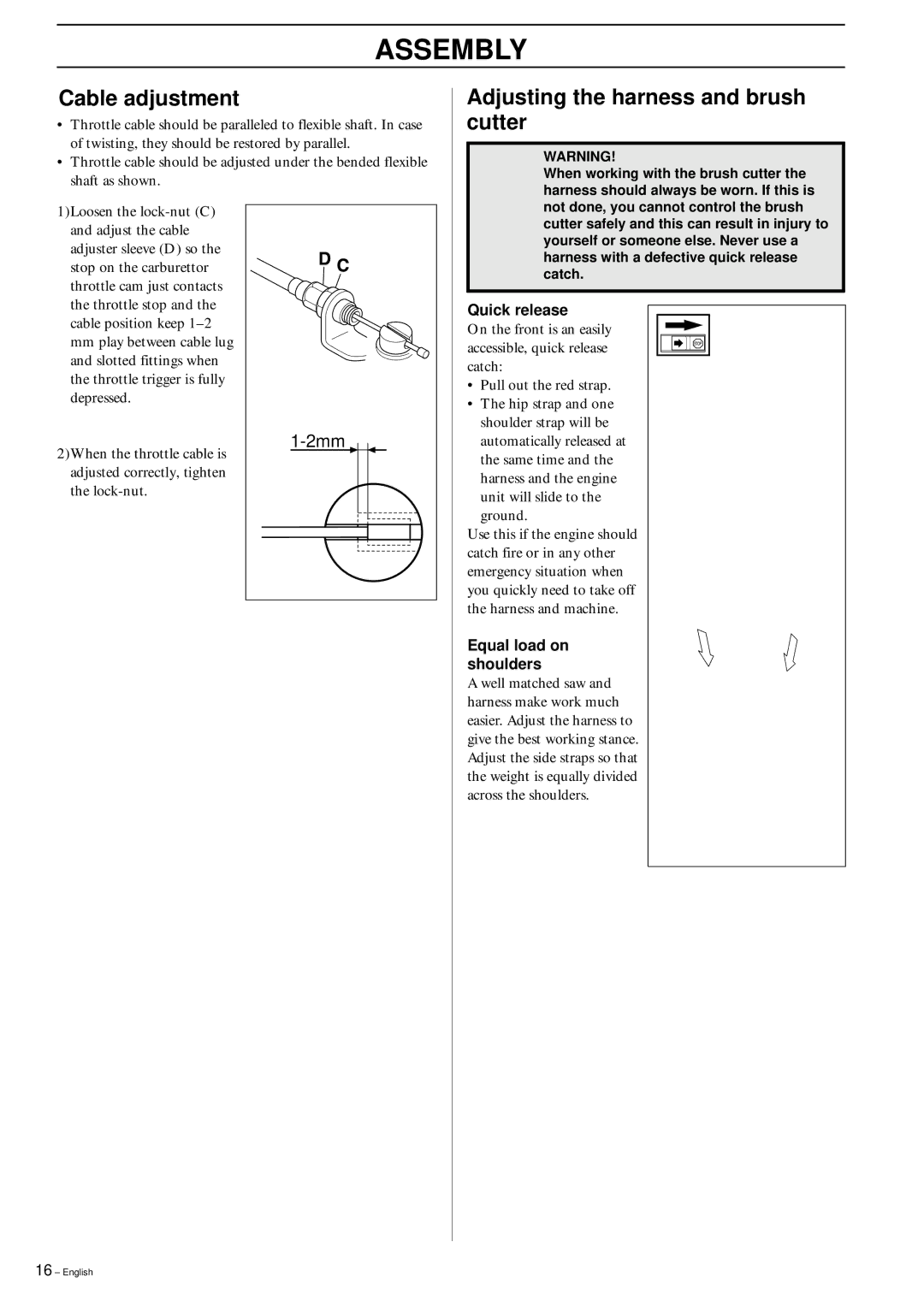 Husqvarna 152RB manual Cable adjustment, Adjusting the harness and brush cutter 