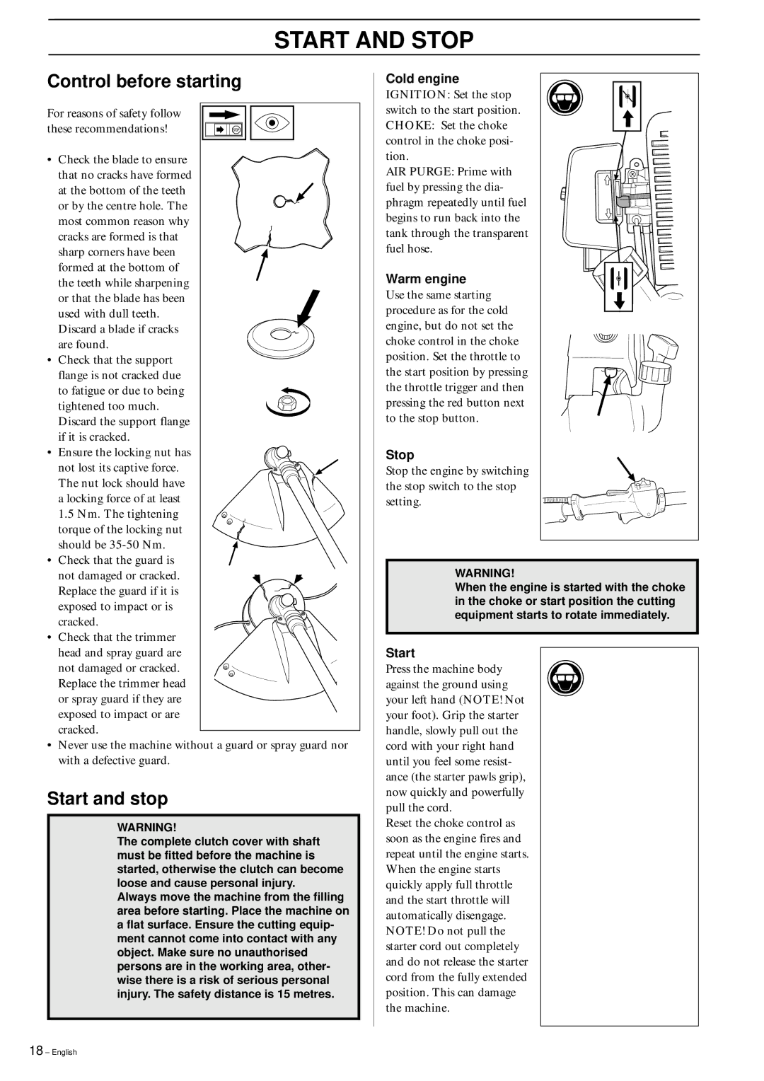 Husqvarna 152RB manual Start and Stop, Control before starting, Start and stop 