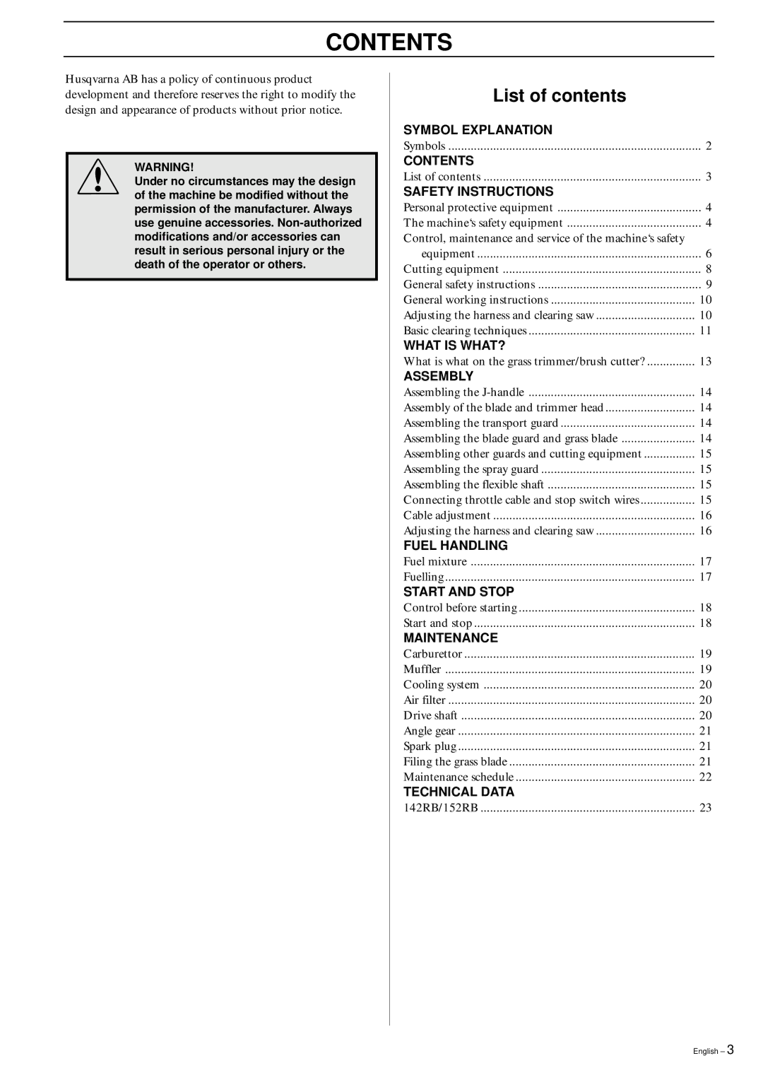 Husqvarna 152RB manual Contents 