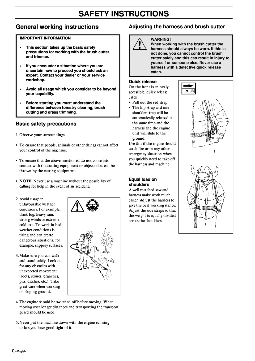 Husqvarna 152RB manual General working instructions, Basic safety precautions, Adjusting the harness and brush cutter 