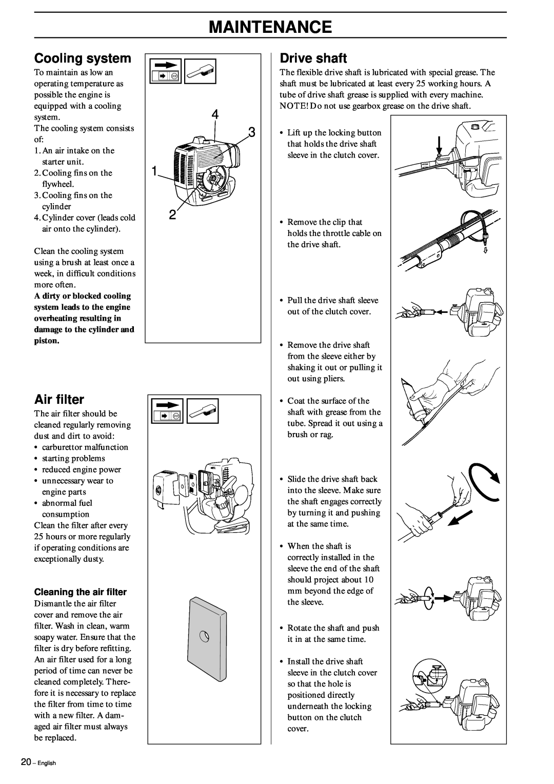 Husqvarna 152RB manual Cooling system, Drive shaft, Air filter, Maintenance 