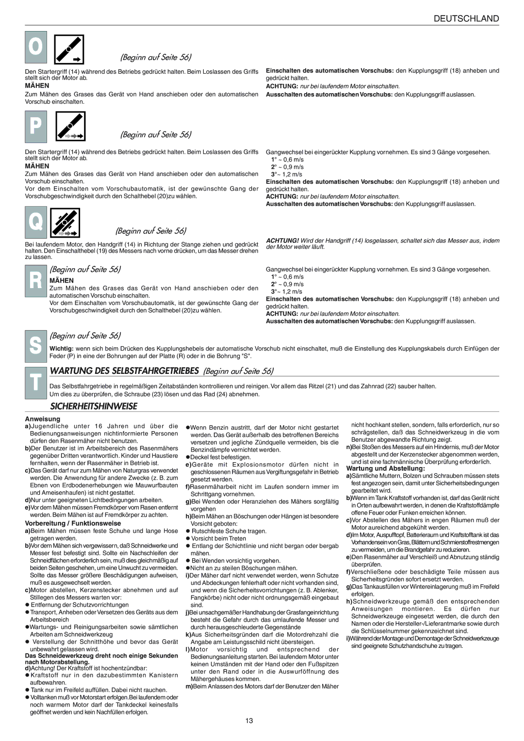 Husqvarna 153 S3BBC manual Wartung DES Selbstfahrgetriebes Beginn auf Seite, Sicherheitshinweise, Mähen 