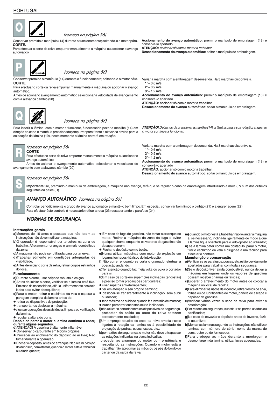 Husqvarna 153 S3 manual Normas De Segurança, Portugal, AVANÇO AUTOMÁTICO começa na página, Corte, Instrucções gerais 