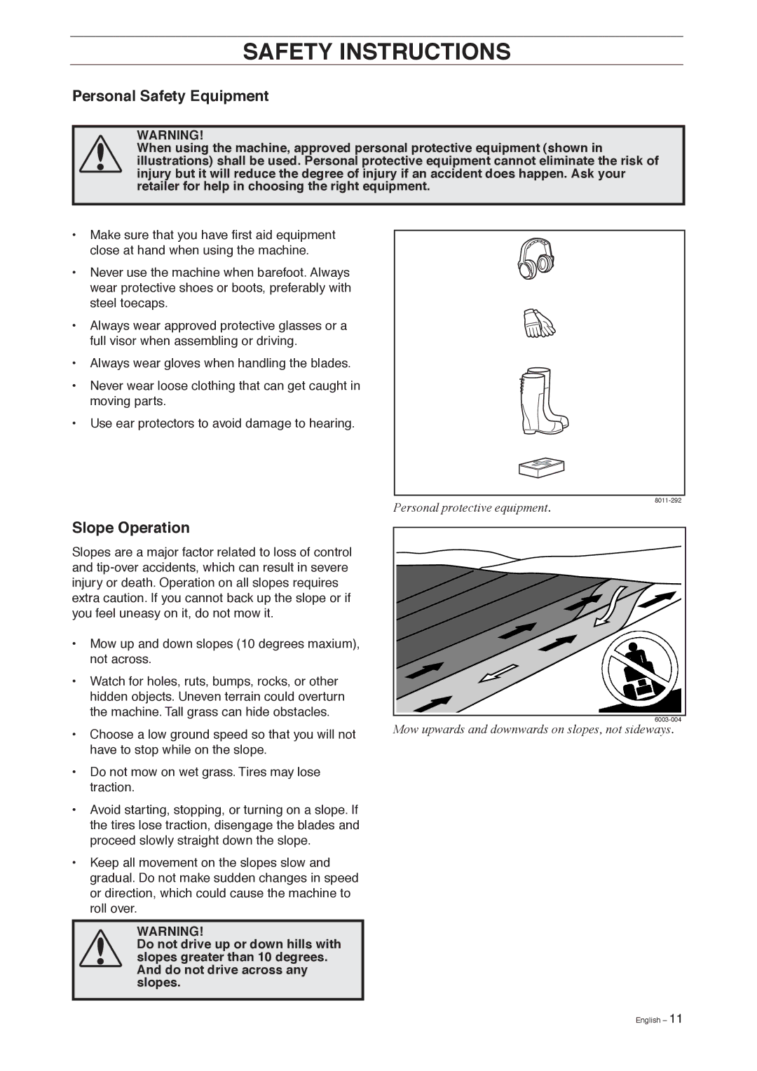 Husqvarna 155, 155 AWD manual Personal Safety Equipment, Slope Operation 