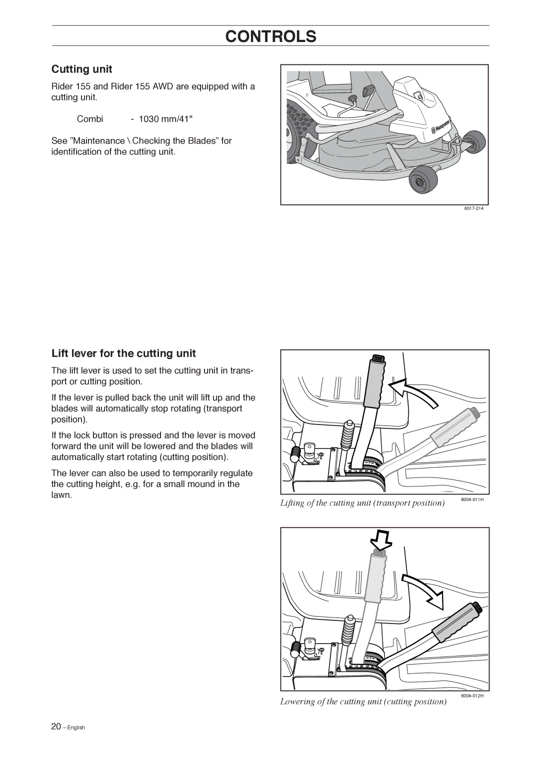 Husqvarna 155, 155 AWD manual Cutting unit, Lift lever for the cutting unit 