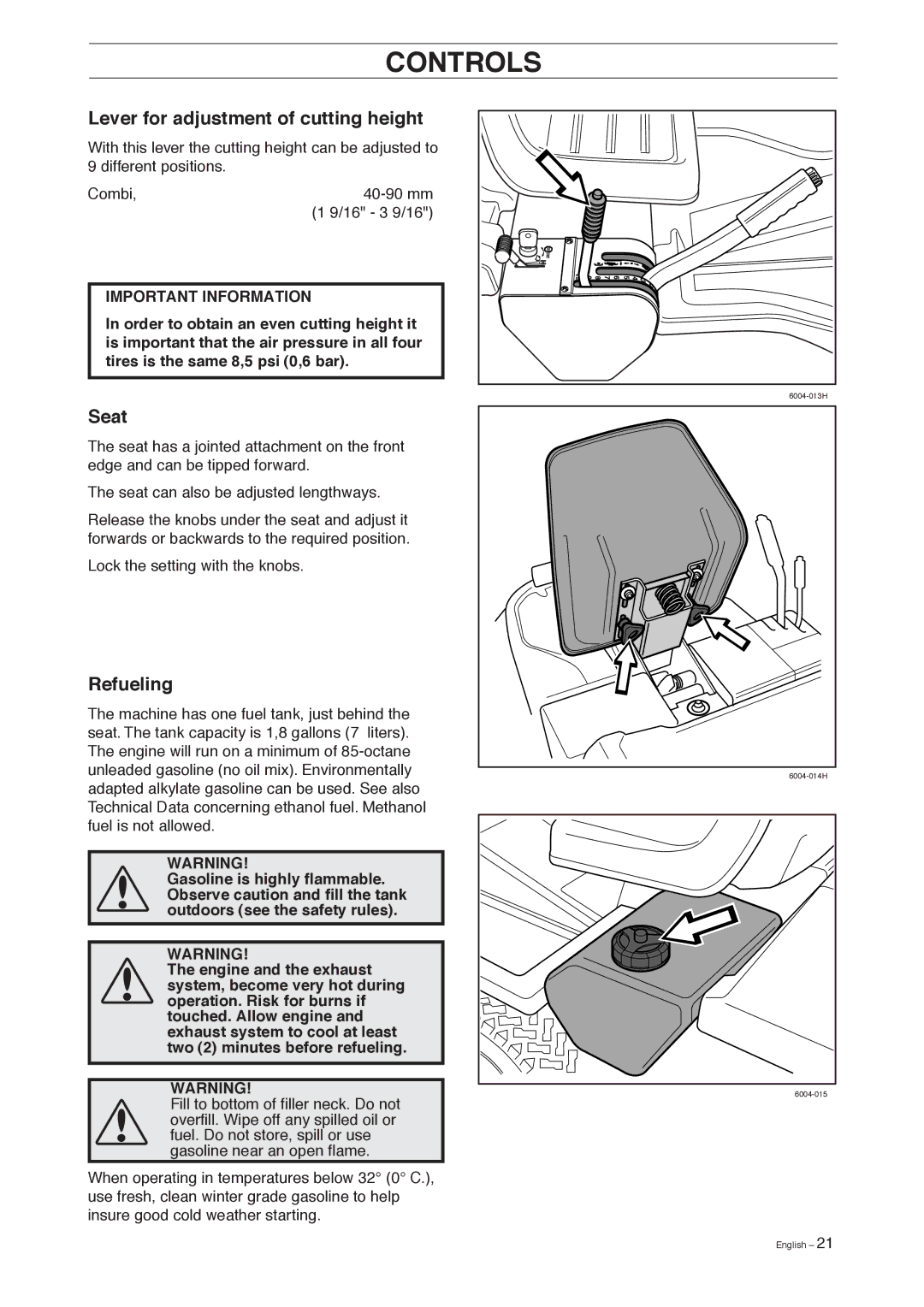 Husqvarna 155, 155 AWD manual Lever for adjustment of cutting height, Seat, Refueling 