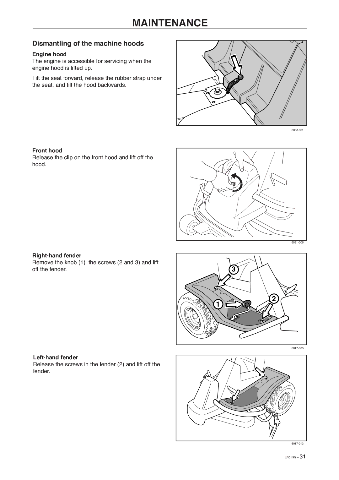 Husqvarna 155, 155 AWD Dismantling of the machine hoods, Engine hood, Front hood, Right-hand fender, Left-hand fender 